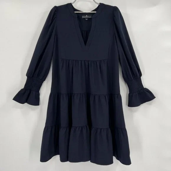 Pomander Place by Tuckernuck Navy Blue Crepe Kenzo Mini Dress sz XS Tiered NWOT - Picture 2 of 5